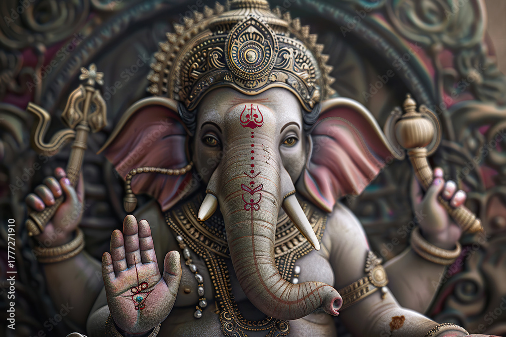 Fototapeta premium Bright holiday composition for happy Ganesh Chaturthi, abstract vivid composition consists of fictional unreal fantastic vision on background