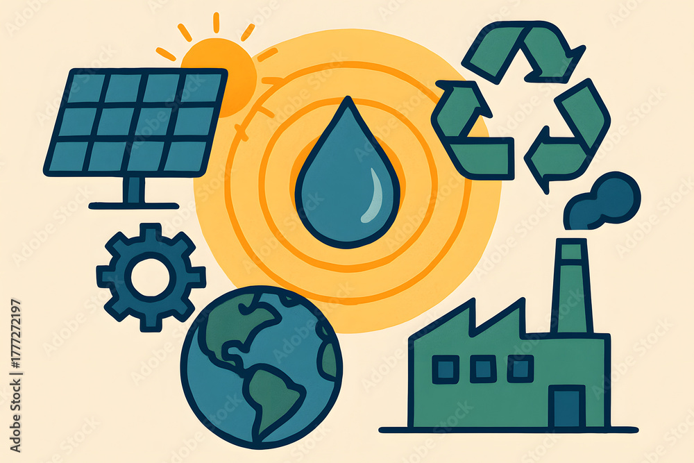 Obraz premium Sustainability Elements: Illustration showcasing solar panels, recycling symbol, factory, water droplet, and gear, representing various elements of sustainability.