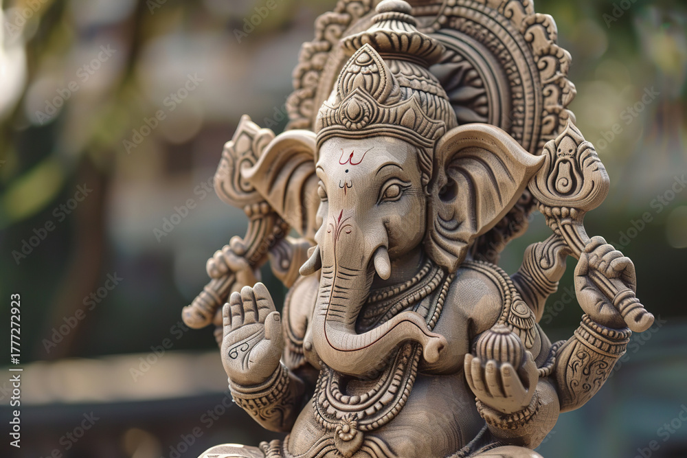 Fototapeta premium Bright holiday composition for happy Ganesh Chaturthi, abstract vivid composition consists of fictional unreal fantastic vision on background