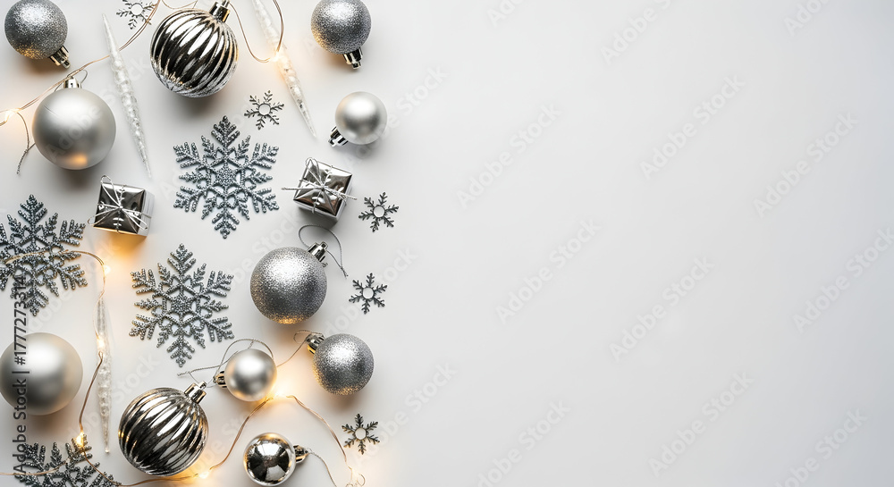 Obraz premium Elegant holiday flatlay of silver and white ornaments with snowflake confetti and warm string lights perfect for seasonal banners, festive blog headers, and holiday product pages that emphasize a refi