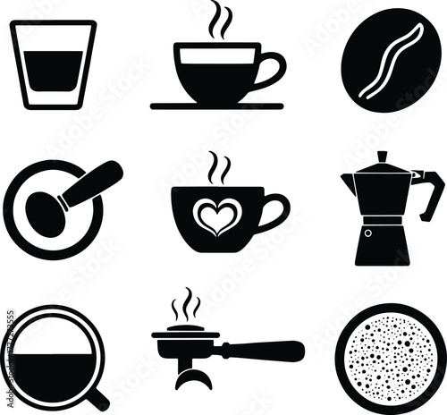 Black and white coffee icons including cup bean espresso machine portafilter and glass illustration