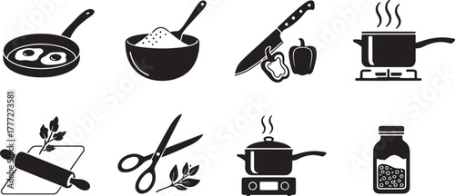 Black and white icons of cooking and food preparation elements kitchen illustration