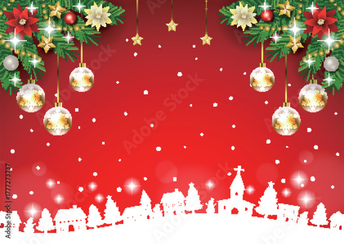 クリスマス背景、街並みシルエット、赤、オーナメント、かわいい、イラスト、横