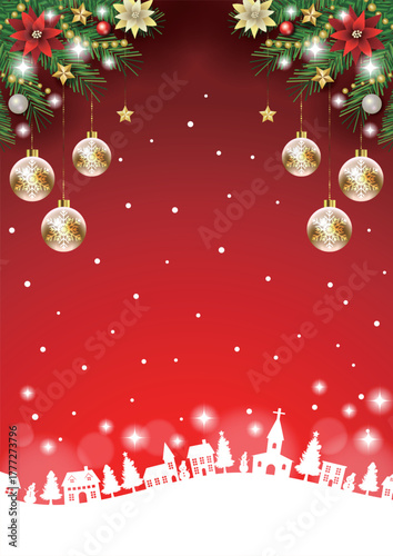 クリスマス背景、街並みシルエット、赤、オーナメント、かわいい、イラスト、縦