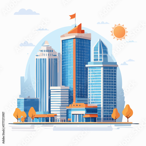 Contemporary Cityscape: Urban Skyscrapers Under a Bright Sun with Subtle Clouds