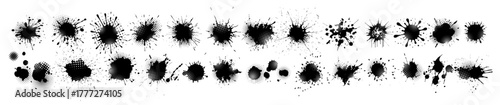 Set of blots. Black spots of paint on a white background. Grunge frame of paint. Hand drawn. Not AI, vector illustration.