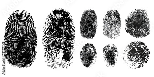 Set of black ink fingerprint marks on transparent background .fingerprint grunge texture abstract background .