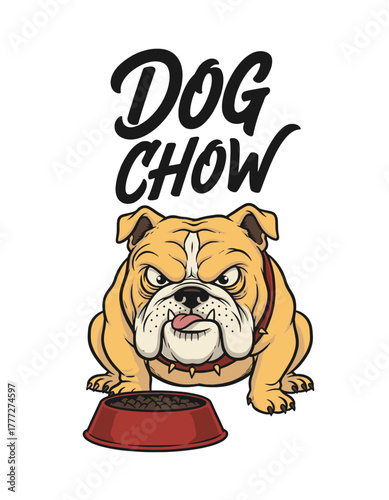 Dog Chow cartoon artwork of a grumpy bulldog guarding his food bowl, perfect for t-shirt design, poster art, and sticker use.
