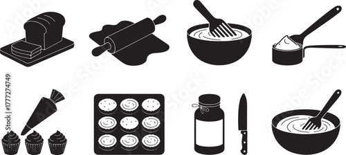 Black and white vector icons of baking and cooking utensils and ingredients bread rolling pin