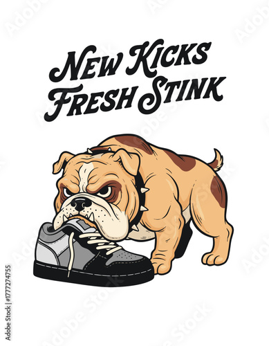 New Kicks Fresh Stink bulldog cartoon artwork biting a sneaker, suitable for t shirt design, poster art, sticker use and streetwear merch.