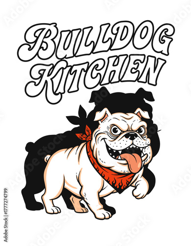 Bulldog Kitchen bulldog cartoon artwork with bold mascot style and bandana flame detail, suitable for t shirt print, sticker art, poster and streetwear merch.
