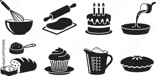 Black and white vector icons of baking ingredients and tools cooking food