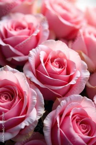 A serene arrangement of pink roses, petals unfurling in soft light, perfect for relaxation and mindfulness Ideal for meditation, yoga, spa, and wellness themes , natural, texture