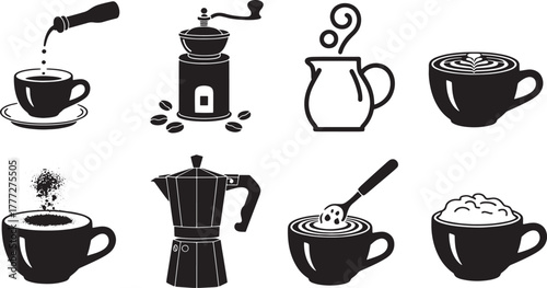 Black and white vector icons of coffee preparation and drinks saucer pouring