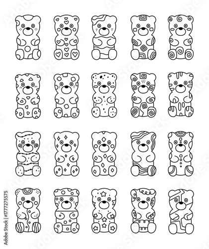 Gummy bear set in outline line art showing tasty dessert candy shapes with jelly confectionery made for holiday celebration and handmade sugary snack for your projects