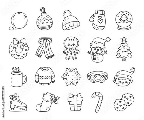 Winter set in outline line art featuring cozy clothing, festive decorations, delicious cookie, cheerful snowmen, christmas trees, and traditional holiday gifts for warm celebration