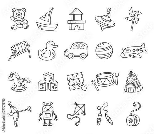 Children toy set in outline line art showing various handmade wooden playthings musical instruments and educational objects for preschool learning development and play activities for kids