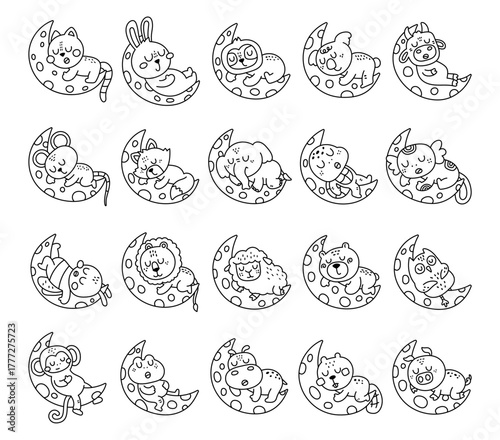 Sleeping animal character set in outline line art showing adorable creatures resting on crescent moons during calm night moments and peaceful dreamy bedtime scenes