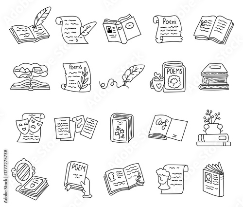 Literature subject set in outline line art featuring books scrolls poems feathers masks and imagination objects for education reading culture creativity and story inspiration