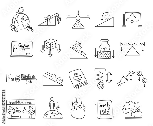 Physics gravity set in outline line art showing motion, balance, attraction, energy, law, education, experiment, theory, knowledge, and discovery for your science and learning projects