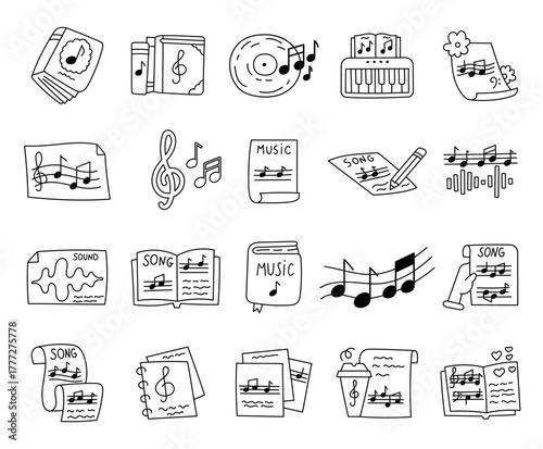 Music set in outline line art showing book, record, sheet, and creative objects for studying melody, writing song, learning exploring sound composition in education projects