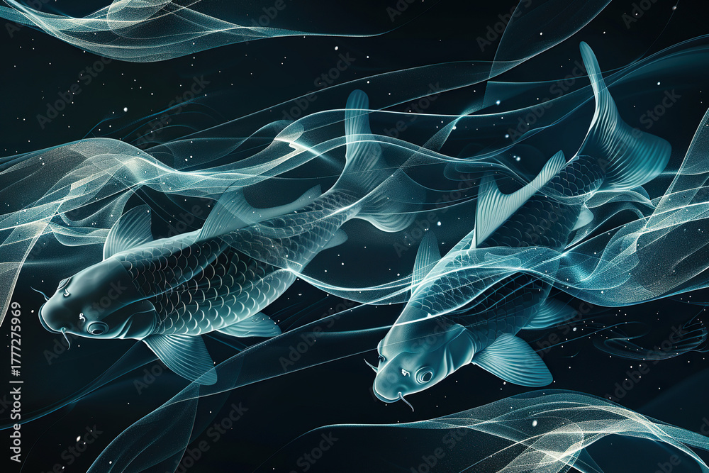 Obraz premium Concept of Pisces zodiac sign symbol, abstract vivid composition consists of fictional unreal fantastic vision on background