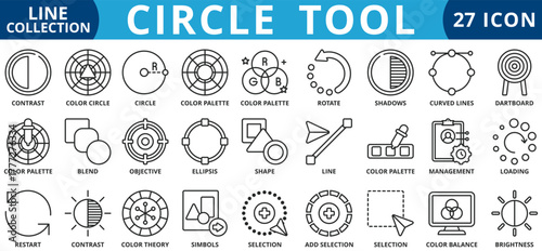 Circle tool icon set outline style icon set collection vector illustration