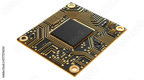 Golden circuit board with a central black microchip view on transparent background