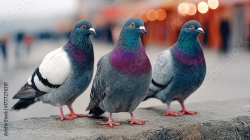 Fototapeta Naklejka Na Ścianę i Meble -  Three pigeons standing on a ledge, one of which is blue. The other two are white