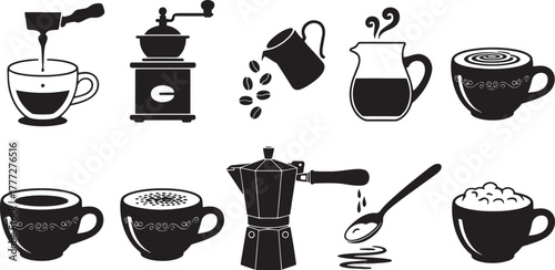 Black and white vector illustrations of coffee making and coffee cups espresso latte