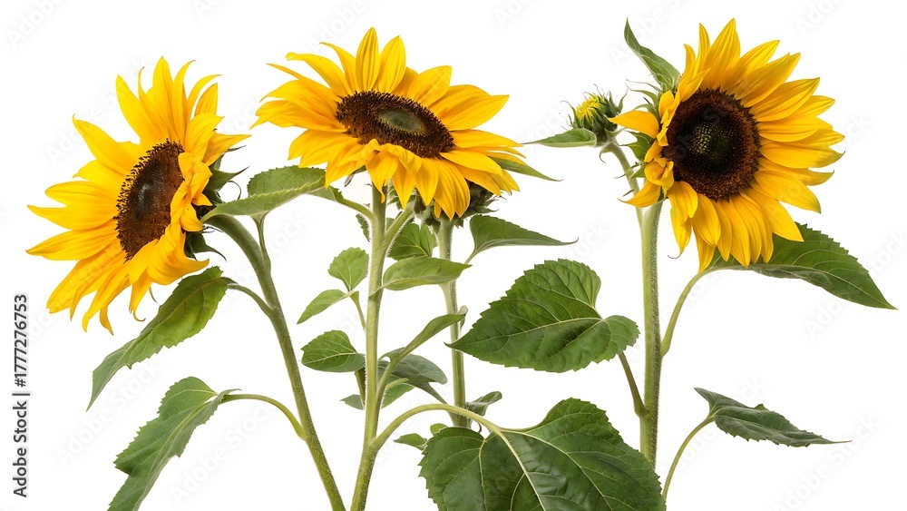 Fototapeta premium Three sunflower flowers with stems and leaves isolated on a white background,sunflower, flower, nature, yellow, sun, isolated, white, plant, summer, agriculture, petal, garden, flora, single, beauty,