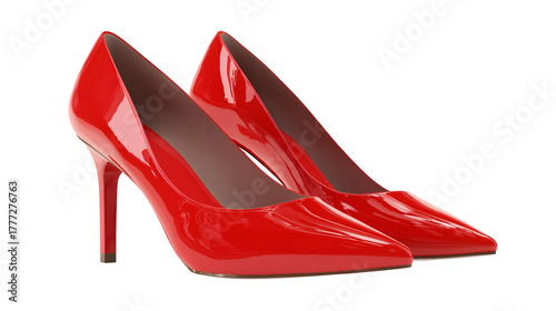 A pair of shiny red high heel shoes with a pointed toe on a black background in a studio shot