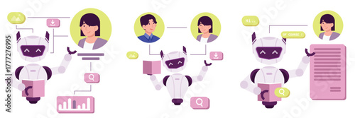 Set Woman Office worker communicating with AI chatbot assistant flat illustration. artificial intelligence helping employees automate tasks.