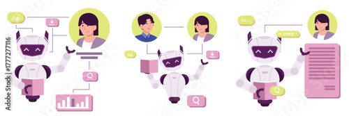 Set Woman Office worker communicating with AI chatbot assistant flat illustration. artificial intelligence helping employees automate tasks.