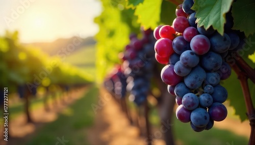 Rich, dark purple grapes hang heavy on the vine, ready for harvest at a picturesque winery Sunlight glints off their plump skins, promising a robust vintage , merlot, wine, zinfandel