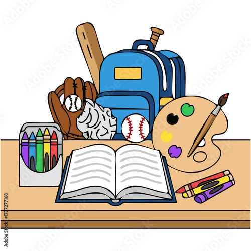school supplies on desk, cartoon style clip art preview