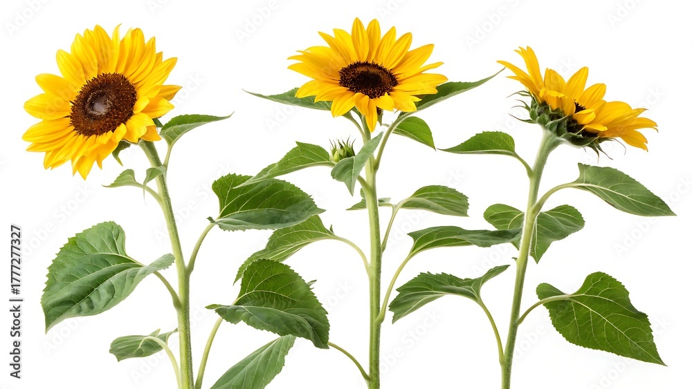 Obraz premium Three sunflower flowers with stems and leaves isolated on a white background,sunflower, flower, nature, yellow, sun, isolated, white, plant, summer, agriculture, petal, garden, flora, single, beauty, 