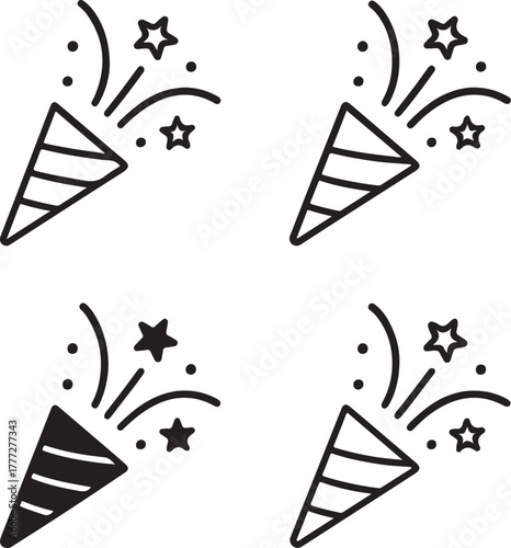 Party popper icon set, festive explosion popper symbols, editable black vector, solid black line outline filled minimal thin stroke, celebration confetti popper icons for event buyers