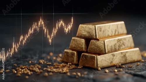A pile of gold bars with a rising market graph, nuggets scattered on a dark textured surface