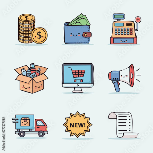 Cute cartoon icons related to shopping, money, delivery and online store.