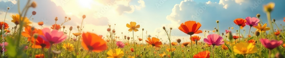 Obraz premium A vibrant, sun-drenched field of wildflowers swaying freely in the breeze, embodying uninhibited joy and passionate energy , peaceful, energy