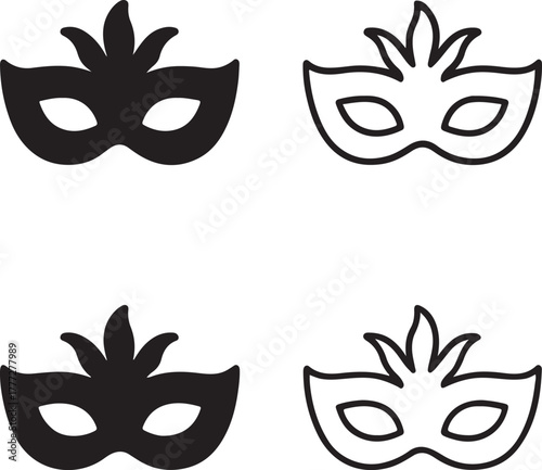 Festive mask icon set, carnival party mask symbols, editable black vector, solid black line outline filled minimal thin stroke, masquerade and celebration mask icons for holiday buyers