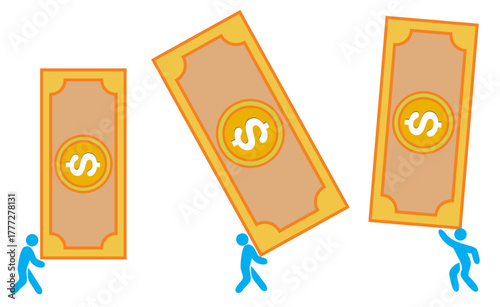 Vector illustration of a group of people working together holding a dollar bill. The concept of teamwork to increase revenue and achieve goals. The concept of investment and success.