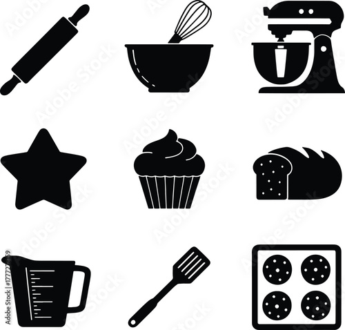 Black silhouette icons of baking tools and treats on white background cooking kitchen vector