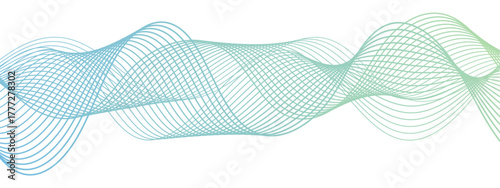 Abstract digital wave background with smooth, flowing lines in gradient shades of blue and green. Elegant, rhythmic pattern with overlapping motion and harmony.