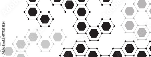 Abstract geometric hexagonal pattern with black, gray, and white hexagons connected by small dots and thin lines. Modern, minimalist, and scientific and technological aesthetic.
