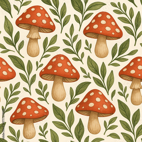Seamless pattern featuring red mushrooms and green leaves in a fairytale forest style. Cute and whimsical design with soft colors and hand-painted details, perfect for kids’ illustrations, fabric prin