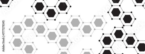 Abstract geometric hexagonal pattern with black, gray, and white hexagons connected by small dots and thin lines. Modern, minimalist, and scientific and technological aesthetic.