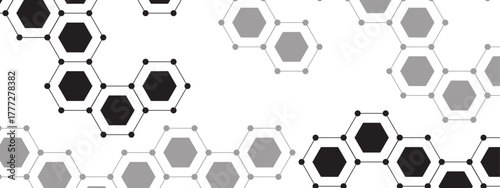 Abstract geometric hexagonal pattern with black, gray, and white hexagons connected by small dots and thin lines. Modern, minimalist, and scientific and technological aesthetic.