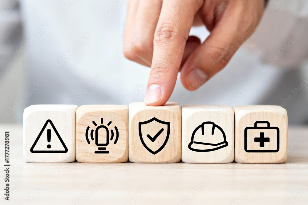 Naklejka premium Safety Management and Risk Protection Concept: Hand actively selecting shield with checkmark icon on wooden blocks surrounded by exclamation, alarm, hard hat and first aid kit, symbolizing proactive s